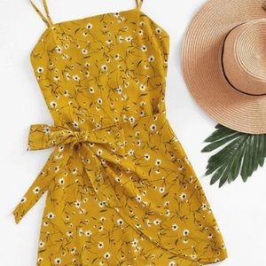 Ditsy Floral Open-Back yellow Mock Wrap Dress